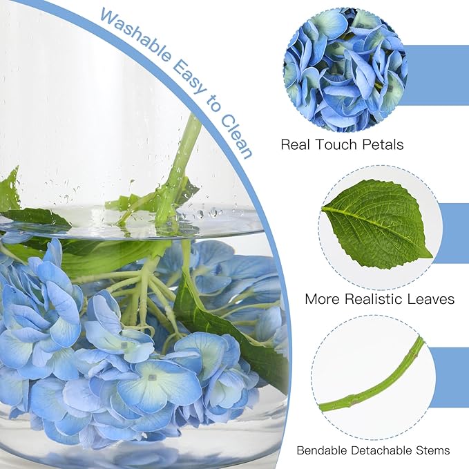 3Pcs Hydrangea Artificial Flowers, 22.44" Real Touch Latex Faux Hydrangea with Long Stems & Leaves for Home Office Decor or Wedding, Party, Centerpieces, Floral Arrangements (Blue)