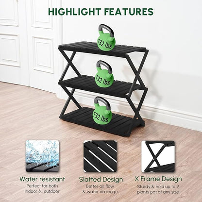 BEEFURNI Acacia Stand Indoor, Wooden Outdoor Plant Stand, Foldable Corner, 3 Tier Plant Stand, Easy Assembly, Plant Bench Patio Balcony Sunroom Decor, Christmas Gift, 1-year Warranty