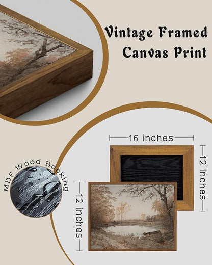 ZZLWBKGL Vintage Landscape Framed Wall Art Nature Forest Lake Canvas Wall Art Classic Country Pictures Wall Decor Farmhouse Rustic Art Prints for Living Room Study Bedroom