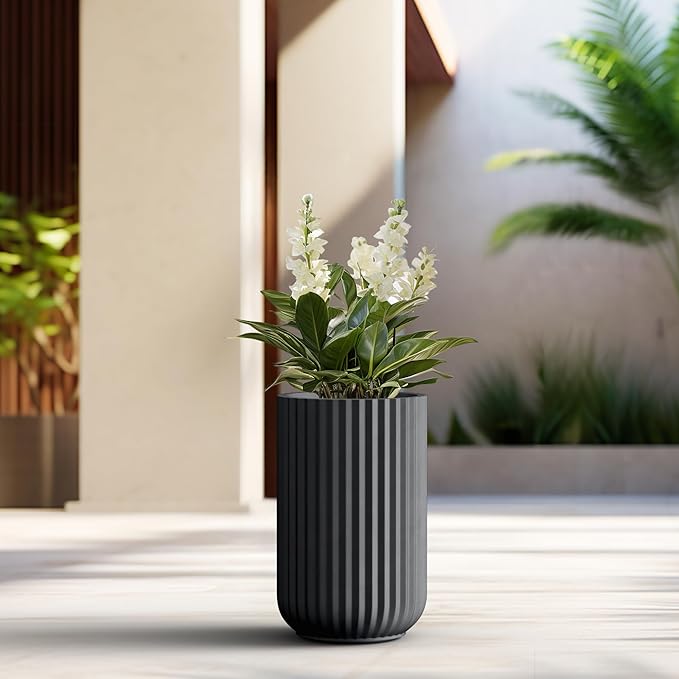 Kante Tall Fulted Planter, 17.7 Inch Tall Round Concrete Plant Pots with Drainage Hole and Rubber Plug, Modern Decor for Indoor Outdoor Plants, Flower, Black
