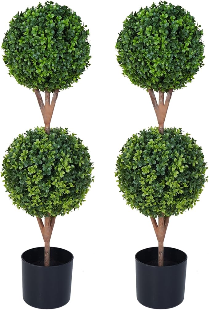 35'' Artificial Double Ball Boxwood Topiary Trees Set of 2, 3ft Faux Topiaries for Indoor and Outdoor Home, Porch, or Garden Decor