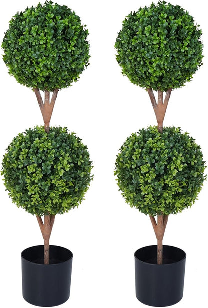 35'' Artificial Double Ball Boxwood Topiary Trees Set of 2, 3ft Faux Topiaries for Indoor and Outdoor Home, Porch, or Garden Decor