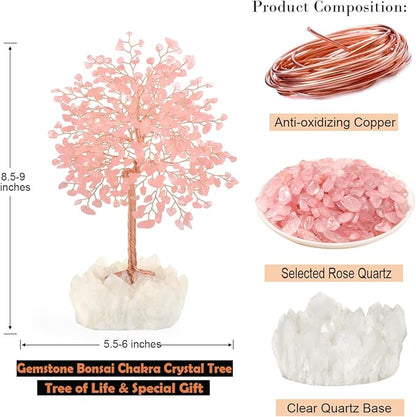 Gemstone Crystal Tree of Life,Natural Rose Quartz (406 Stones) with Clear Quartz Base,Chakra Balancing Positive Energy Feng Shui Home Decor Bonsai Money Tree,Birthday Gift 8.5"-9"