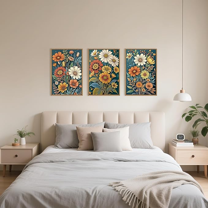 HOURIA Boho Vintage Floral Framed Canvas Wall Art Set,Nordic Retro Colorful Wildflower & Green Leaves Wall Decor,Abstract Vibrant Bouquet Botanical Artwork for Living Room, Bedroom,Farmhouse-24"x36"x3