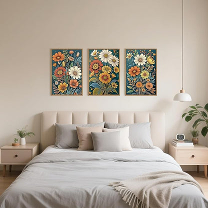 HOURIA Boho Vintage Floral Framed Canvas Wall Art Set,Nordic Retro Colorful Wildflower & Green Leaves Wall Decor,Abstract Vibrant Bouquet Botanical Artwork for Living Room, Bedroom,Farmhouse-24"x36"x3