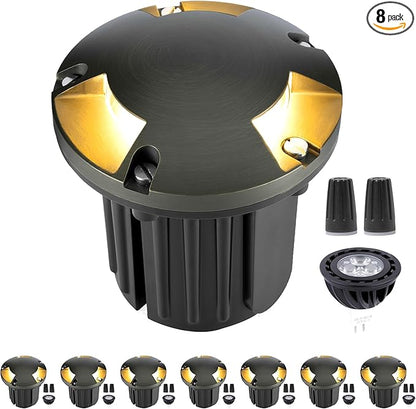 Gardenreet Low Voltage Brass Well Lights - LED Weatherproof Replaceable Bulb In-Ground 12V Fixture, Hardwired Fixture, Antique Bronze for Patio Deck Yard with 2700K Warm White MR16 Bulb