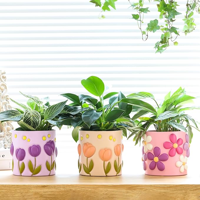 GUGUGO Colorful Flowers Planters Cute Unique Rainbow Planter with Drainage, Vintage Retro Flower Plant pots for Indoor & Outdoor Plants, Eclectic Succulent Gardening Pot for Boho Modern Home Décor-B