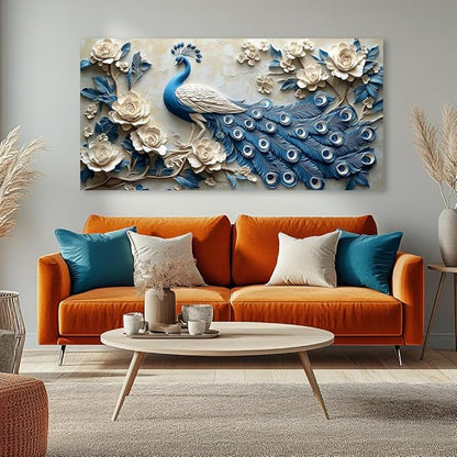 IDAFU Navy Blue Peacock Wall Art for Living Room Office Elegant Animal Peacock and Roses Painting Prints Vintage Canvas Artwork Girls Bedroom Décor Ready to Hang (16x32 Inches)