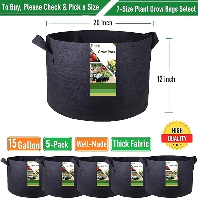 5-Pack 15 Gallon Thickened Plant Grow Bags (20x12 inch) Fabric Plant Pots for Potato,Tomato Planters,Herbs Veggies Planter Bags,Flower Pot,Garden Pot,Barrel Planter,Plant Container W/ Gardening Gloves
