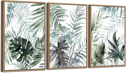 Large Framed Canvas Wall Art - Natural Float Framed Tropic Leaf Pictures Wall Art Prints for Living Room Decor Green Plants Artwork for Bedroom Kitchen Home Office Decoration 72" X 36" Set of 3