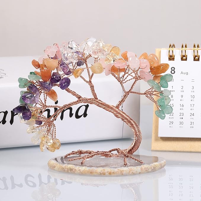 mookaitedecor Colorful Crystal Money Tree Agate Slice Base Feng Shui Bonsai Crystal Tree for Wealth Luck Desk Decor, 3-4 Inch High