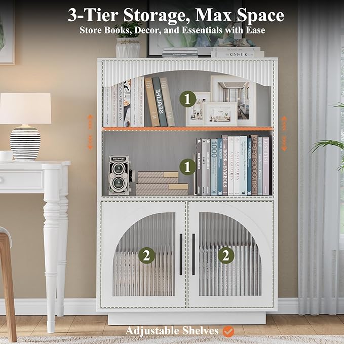 46" Bookshelf with Doors, White Bookcase with Glass Door, 3 Tier Small Bookshelf w/Deep Storage Cabinet and Adjustable Shelves, Wood Standing Mid Century Book Shelf for Home Office Kitchen