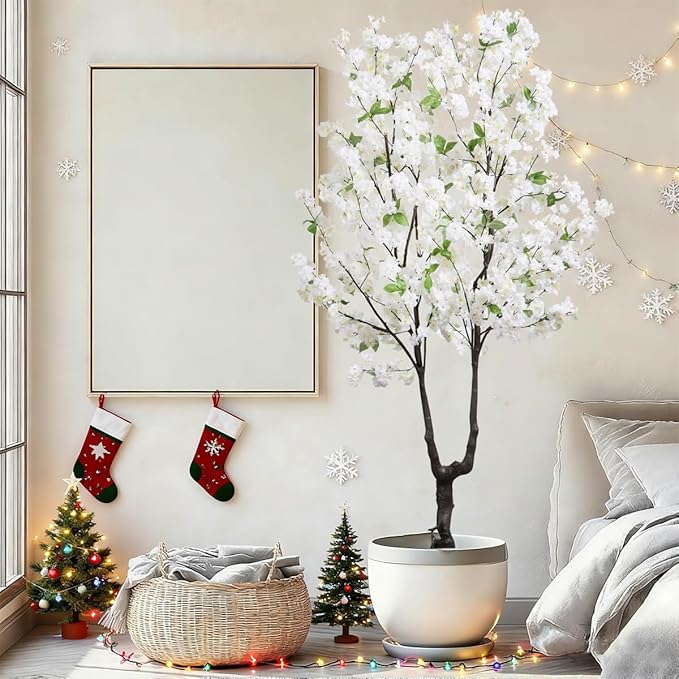 Faux Cherry Blossom Tree Artificial White Flowering Trees Fake Cherry Blossom Decorative Tree 6FT Indoor for Christmas New Year Home Decor