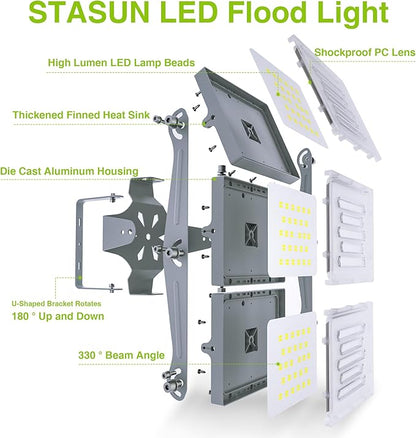 STASUN 2 Pack LED Flood Lights Outdoor, Max Series 300W 30000lm 6000K Daylight IP66 Waterproof, Commercial Parking Lot Lights, 3 Heads for Yard Street Stadium Outdoor Area Floodlight Security Light