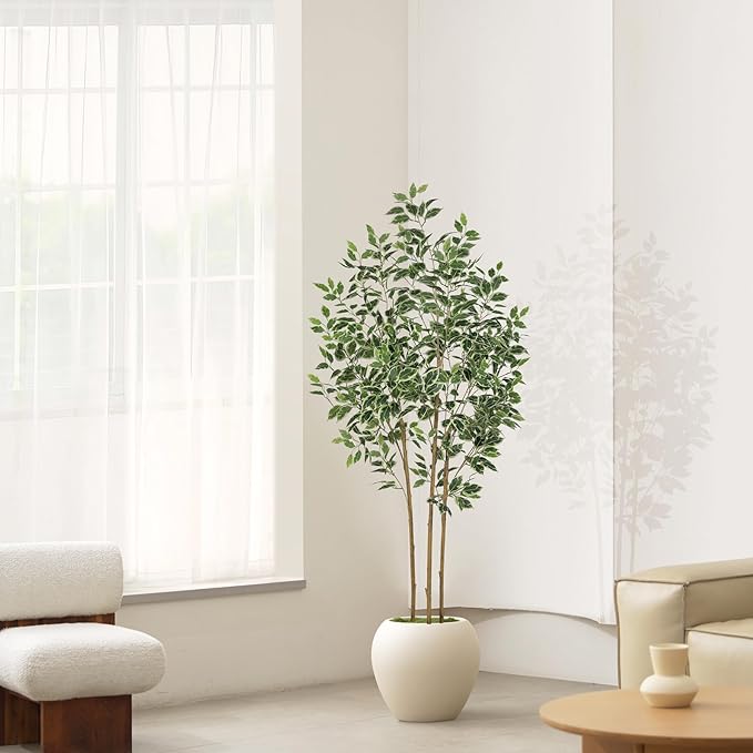 Ficus Tree Artificial - 6ft Artificial Ficus Trees Indoor with Natural Trunk and Lifelike Leaves - Fake Ficus Tree for Home Office Corner Indoor Decor