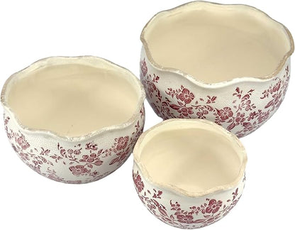 Galt International Ceramic Plant Pots Set of 3 Rustic Vintage Farmhouse Cream Crackle Glaze (11"/ 9.6"/ 7") Garden Indoor Outdoor Flower Planter w/Drainage Hole (Vintage Red)