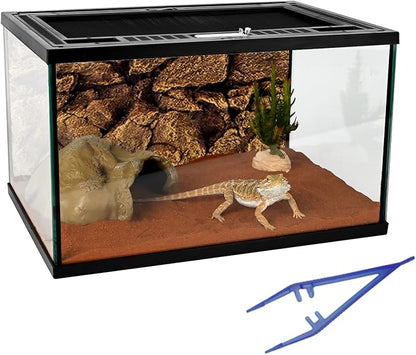 Reptile Glass Tank 16"x11"x9" Terrarium with Top Opening and Screen Ventilation for Leopard Gecko,Lizard,Hermit Crab,Snake,Spider,Frog,Bearded Dragon,Turtle with Feeding Tongs