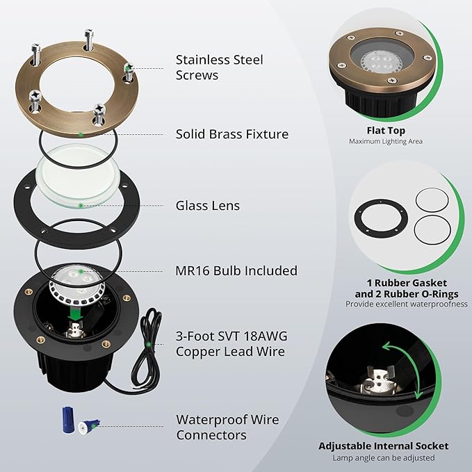 GKOLED 12V LED Brass Well Lights, In Ground Light Outdoor with MR16 Bulb and Swival Base, Low Voltage Landscape Lighting, 5W 410LM 2700K, IP67 Waterproof Up Light for Garden, Open Top, 12 Pack