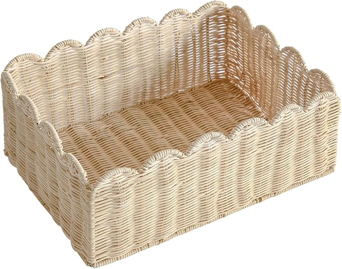 Scalloped Edge Basket, Wicker Storage Baskets, Hand Woven Baskets for Shelves,Natural Baskets for Organizing (S+M-Rattan)