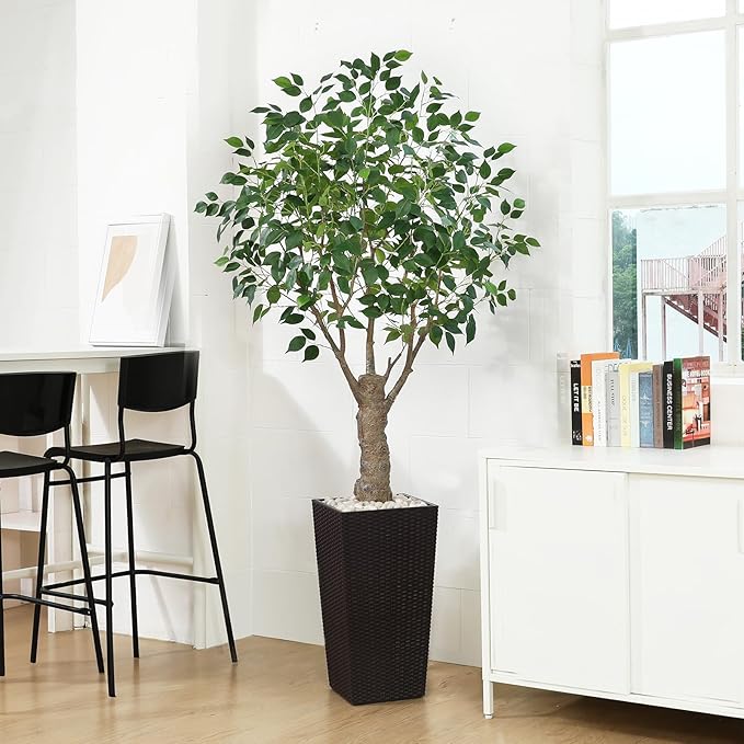 Ficus Artificial Trees Indoor Outdoor, 6ft Tall Fake Plants, Fake Ficus Silk Tree for Home Office Garden Patio Outdoor Modern Decor, 1 Pack