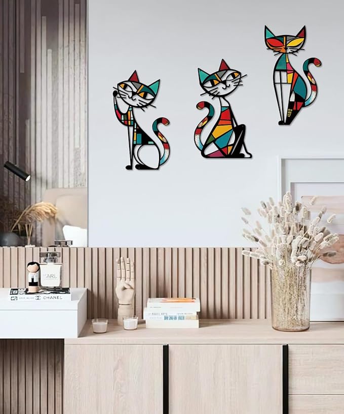 Putuo Decor 3 Pieces Colorful Cat Metal Wall Art, Mid Century Modern Abstract Wall Hanging Sculptures for Cat Lovers Living Room Bedroom Kitchen Hallway Office