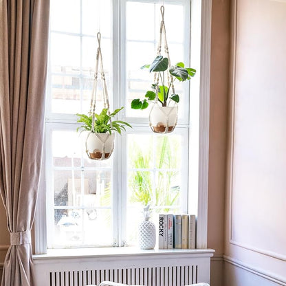 Mkono 7.5 Inch Hanging Planters, Macrame Plant Hangers with Self Watering Plant Pots Indoor Set of 2 Hanging Baskets Flower Pot Holders with Hooks No Tassels for Boho Home Decor, Ivory