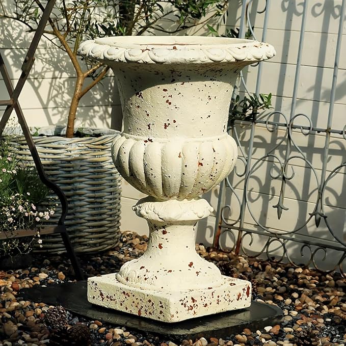 VISIBLE Vintage European Giant Garden Urn Planter, Decorative Cement and Fiber Flower Pot, Make Rust Finished, Wrap Foam Safely Delivered from Local Warehouse (Award Cup, Large)