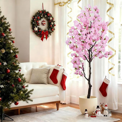 Artificial Pink Cherry Blossom Tree 7 FT Faux Flowering Trees Fake Cherry Blossom Decorative Tree Indoor for Christmas New Year Home Decor