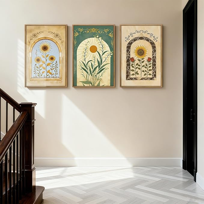 ANHUIB Vintage Boho Spiritual Wall Decor 16x24 Inch Botanical Wall Art Earthy Sunflower Illustration Set of 3 for Living Room Bedroom Office