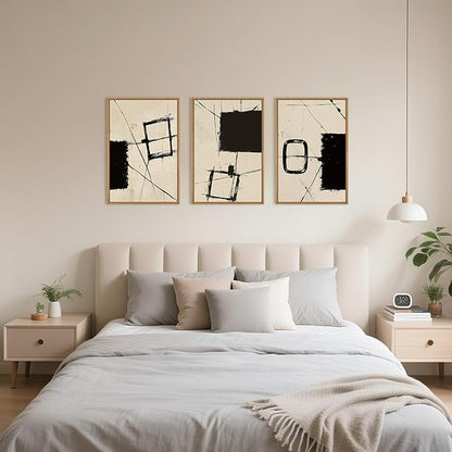 HOURIA Nordic Abstract Black & Beige Brush Stroke Framed Canvas Wall Art Set,Minimalist Geometric Grunge Line Shapes Ink Sketch Decor,Neutral Modern Drawing Artwork for Living Room,Farmhouse-24"x36"x3