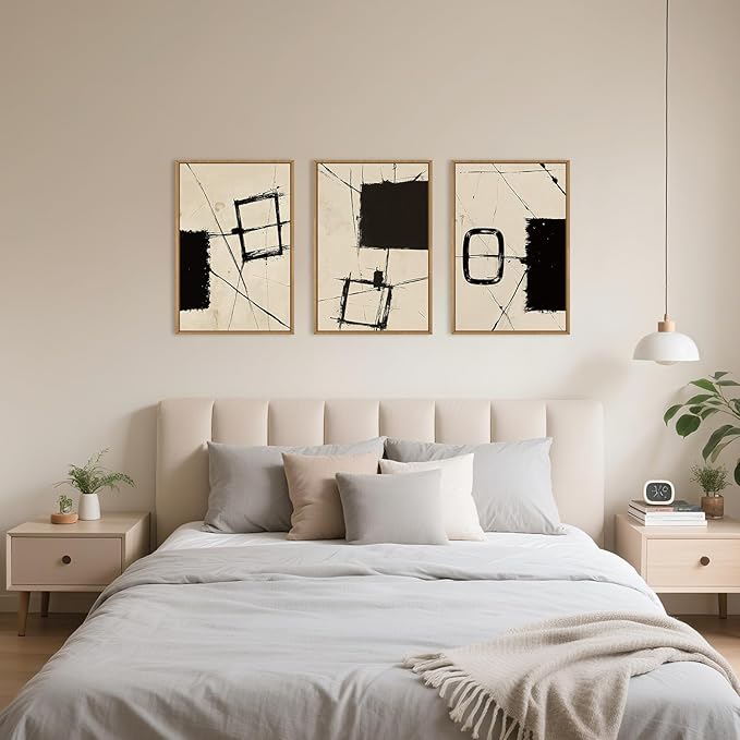 HOURIA Nordic Abstract Black & Beige Brush Stroke Framed Canvas Wall Art Set,Minimalist Geometric Grunge Line Shapes Ink Sketch Decor,Neutral Modern Drawing Artwork for Living Room,Farmhouse-16"x24"x3