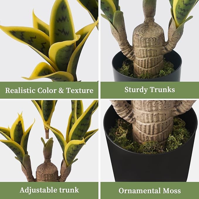 Artificial Snake Plant 23.6" Fake Sansevieria Potted Plants Indoor Outdoor 24 Lifelike Fake Snake Plant Greenery for Home Office Hotel Garden Corner Decor