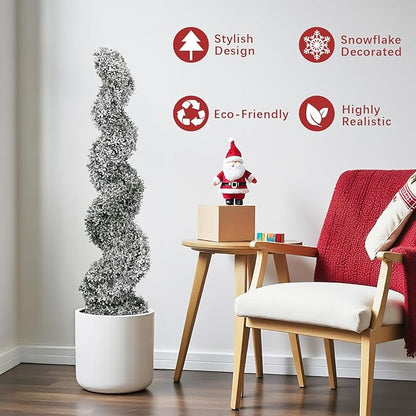 THE BLOOM TIMES 4ft Snow Flocked Spiral Topiary Trees Artificial Outdoor Set of 2, 48" Faux Fake Boxwood Plants for Front Porch Planter, Indoor or Covered Outside Display Christmas Decor 4 Foot