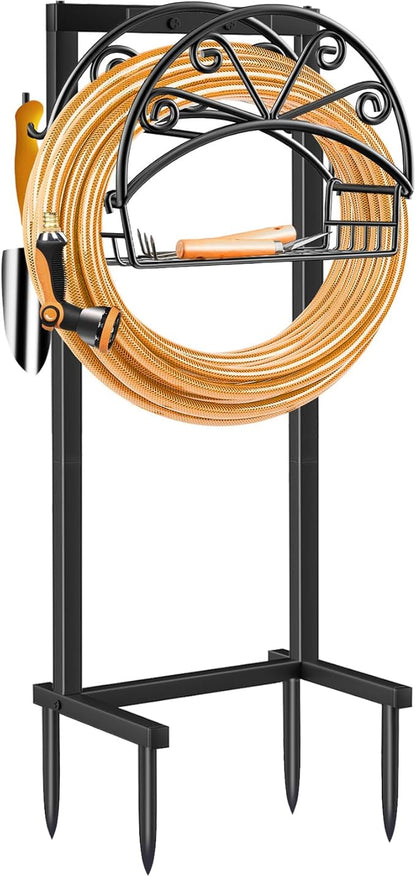 TomCare Garden Hose Holder Upgraded Water Hose Holder with Storage Basket 2 Tool Hooks Heavy Duty 4 Spikes Hose Hanger Holds 160ft Hoses Freestanding Hoses Storage Organizer for Outside Yard