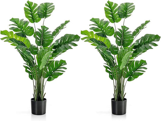 5FT Fake Monstera Deliciosa Plants, Faux Monstera Plant w/15 Turtle Leaves, Cement-Filled Plastic Pot, 60 Inch Fake Plant for Indoor Home Office Living Room Decoration Set of 2