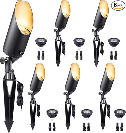 Gardenreet 12V Spot Lights Solid Brass - Black Outdoor Low Voltage Landscape Spotlight, Wired LED Uplights Waterproof, Stretchable Shroud for Patio Wall with 4000K Bright White MR16 Bulb (6 Pack)