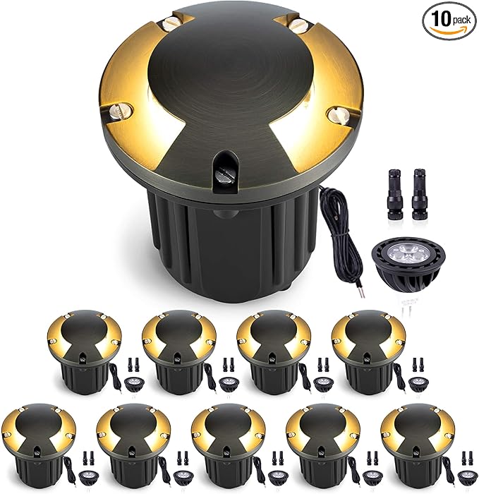 Gardenreet LED Well Lights Brass - In-Ground Replaceable Bulb Low Voltage All Weather Lighting, Wired 12V Light, Antique Bronze for Outdoor Pathway Lawn with 2700K Warm White MR16 Bulb