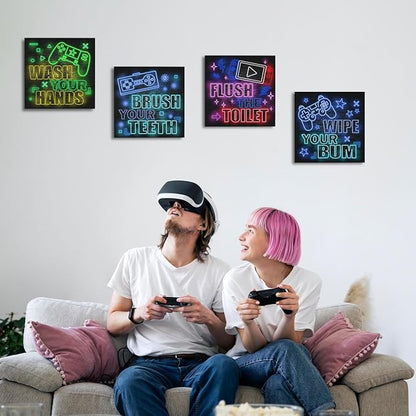 4 PCs Neon Gaming Wall Decor Canvas Wall Art Framed Art Game Room Decor Boys Room Decor Gaming Posters, Gamer Room Decor for Boys, Artwork for Walls Video Game Room Playroom Boys Bedroom Office Decor