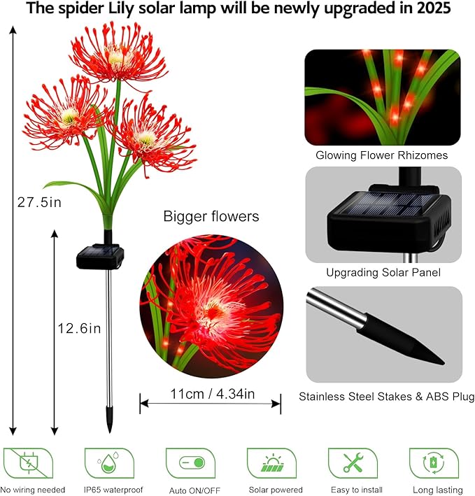 Solar Garden Flower Lights Outdoor,4 Pack 12-Head Red Spider Lily Waterproof with Glowing Stems,Elegant Yard & Patio Decor,Ideal Valentine's,Christmas & Gardening Gifts for Women,Mothers & Grandma