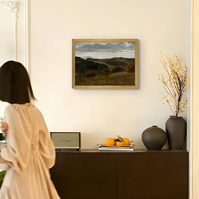 Framed Vintage Mountain Landscape Wall Art, Rustic Countryside Hills Canvas Print, Retro Farmhouse Nature Oil Painting Picture for Living Room Bedroom Home Wall Decor 12x16 Inch