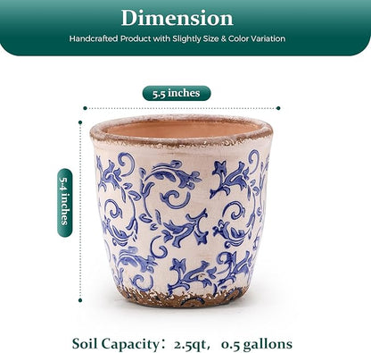 Vintage Ceramic Planter with Drainage Hole, Plastic Tray & Mesh, 5.5 Inch - Indoor/Outdoor Flower Pot, Blue Floral Rustic Farmhouse Design Plant pot for Home, Office & Garden Décor, Ideal Gift
