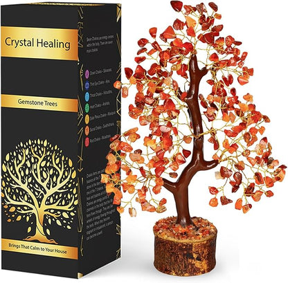 NARIBABU Carnelian Crystal Tree – 10-12 Inch Gemstone Tree with Golden Wire & Wooden Base – Healing Crystals Decor, Spiritual Gift, Gifts for Her, Birthday Gift for Women, Positive Energy Trees
