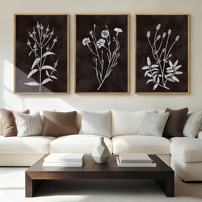 Extra Large Black and White Floral Wall Art Framed Botanical Wall Decor 3 Pieces for Bathroom Living Room Bedroom 24x36 Inch