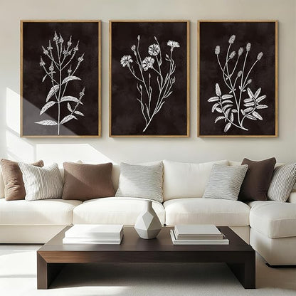 Extra Large Black and White Floral Wall Art Framed Botanical Wall Decor 3 Pieces for Bathroom Living Room Bedroom 24x36 Inch