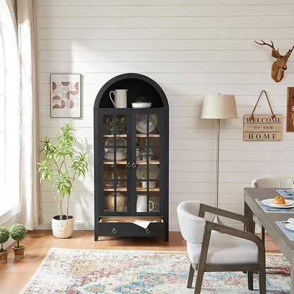 71" Tall Arched Cabinet, Modern Farmhouse Wooden Display Cabinet with Drawer and Glass Doors, 6 Tier Bookshelf w/Adjustable Shelves for Living Room, Office, Black