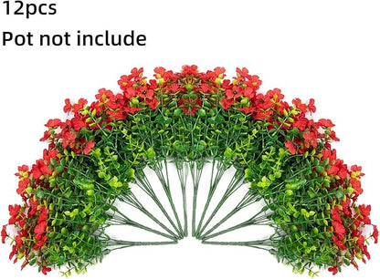 HyeFlora Artificial Flowers for Outdoor Indoor Garden Home Decoration, Faux Flower Daisy with Eucalyptus Leaves Fake Plants Greenery Boxwood Porch Patio, 12 Bundles (Red)