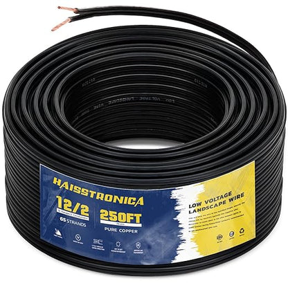 haisstronica 12/2 Low Voltage Landscape Wire 250ft - Copper Direct Burial Waterproof Cable for Landscape Lighting, Outoor Pathway Lights & Garden LED,UL Listed,UV Resistant