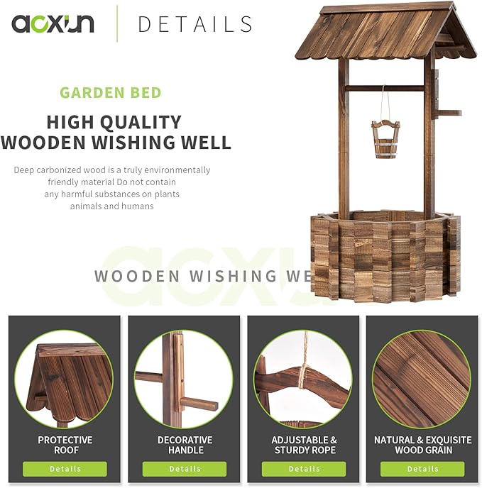 Aoxun Outdoor Wooden Wishing Well Planters with Hanging Bucket, Garden Helper, Rustic Garden Decor for Outside, Yard and Patio, Upgrade - Reinforced Base, Brown