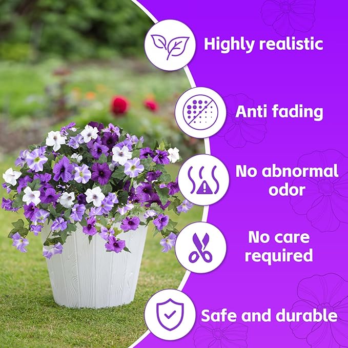 Artificial Fake Flowers for Outdoor Plants Decoration,4 Pcs Faux Petunias Flowers Plants UV Resistant Silk for Porch Yard Garden Home Indoor Decor(Purple White)