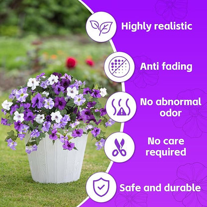 Artificial Fake Flowers for Outdoor Plants Decoration,4 Pcs Faux Petunias Flowers Plants UV Resistant Silk for Porch Yard Garden Home Indoor Decor(Purple White)